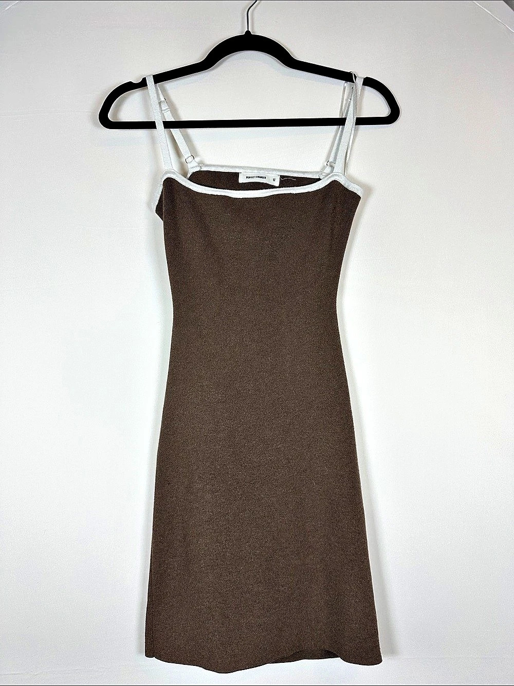 Perfect Stranger Brown Ribbed Knit Midi Dress AU 12 White Contrast Trim Y2K M/L
